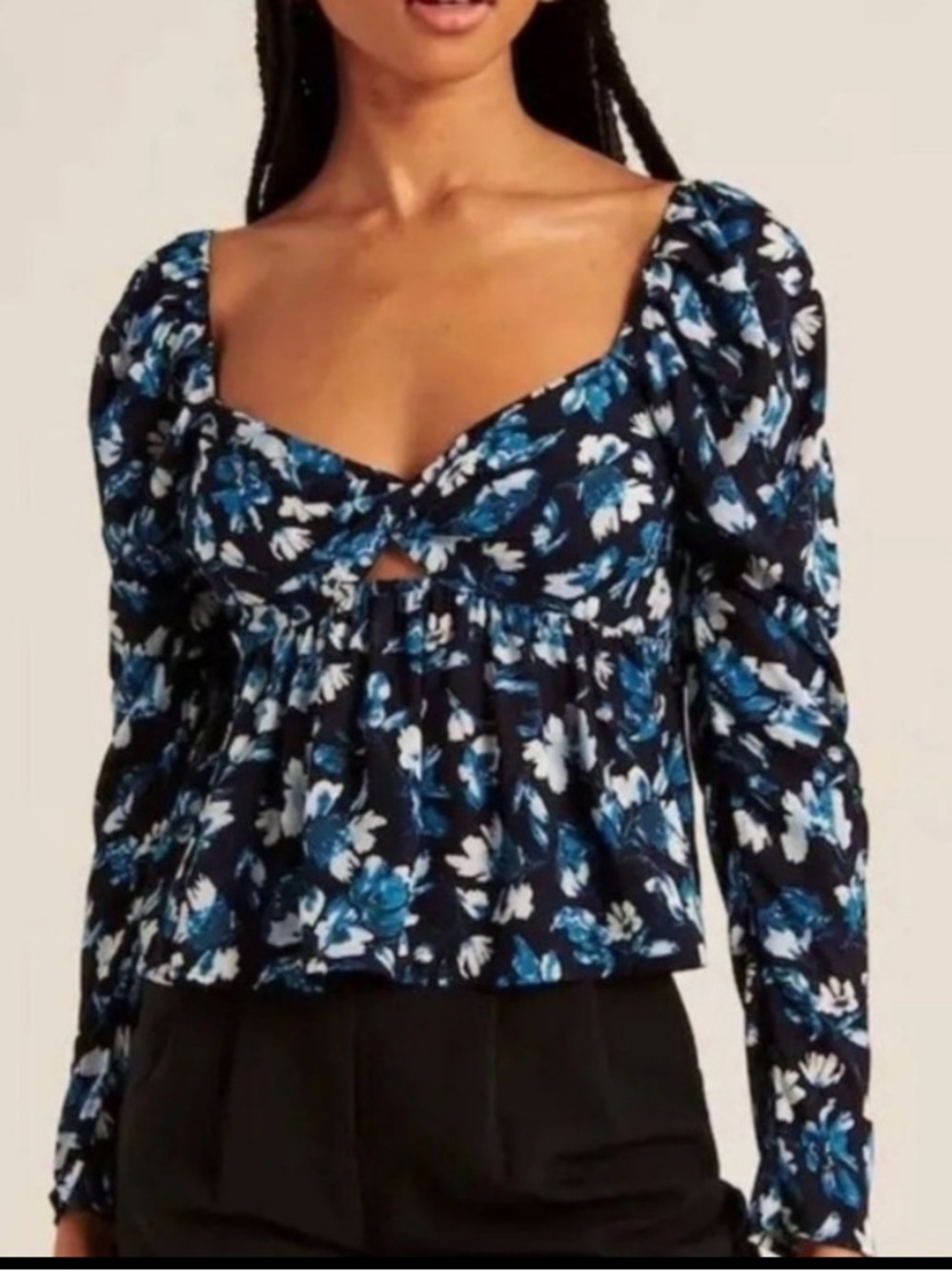 Abercrombie & Fitch NWT Blue Floral Key Hole Light Puff Sleeve Top